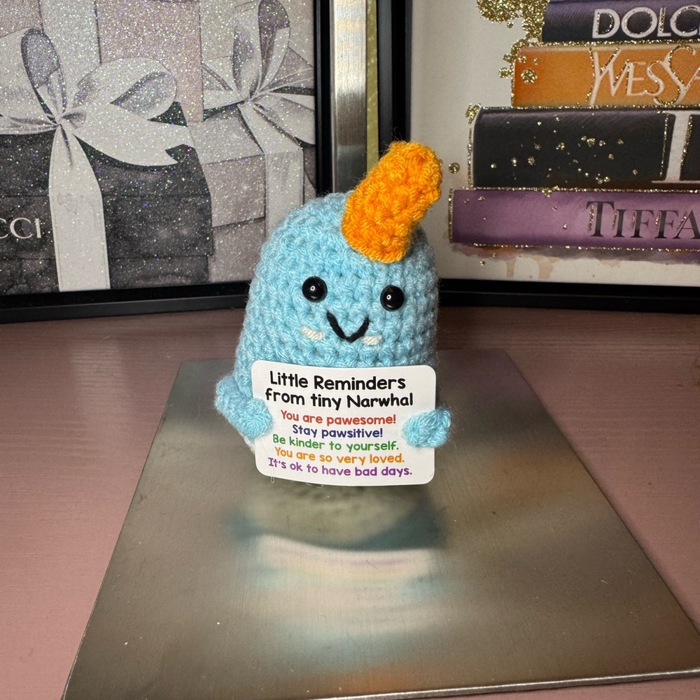 Emotional Support Crocheted Blue Narwhal Plush with Orange Horn